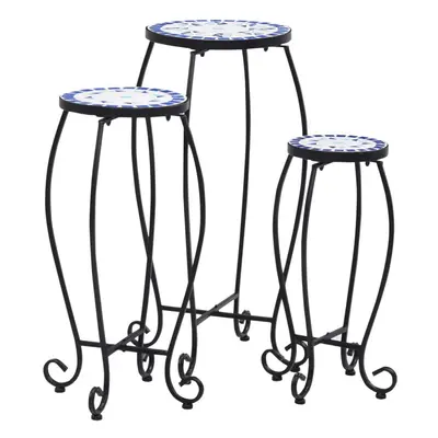 vidaXL 3x Mosaic Tables Round Blue & White Ceramic Plant Desks Garden Balcony