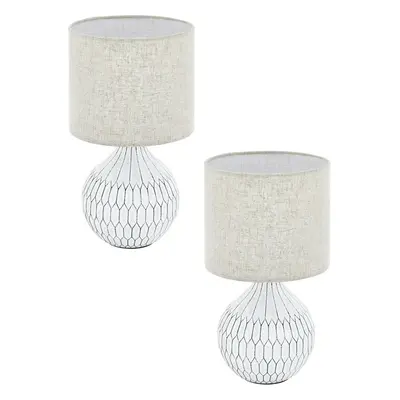 2 PACK Table Lamp White Patterned Base Shade Light Brown Fabric Linen E27 1x40W