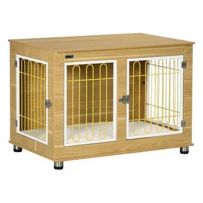 PawHut Dog Crate Furniture End Table w/ Soft Cushion, Double Door - Oak Tone