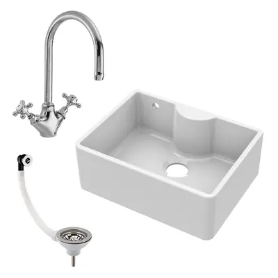 595mm - Single Bowl Fireclay Butler Kitchen Sink - Tap Ledge, Overflow, Tap & Waste