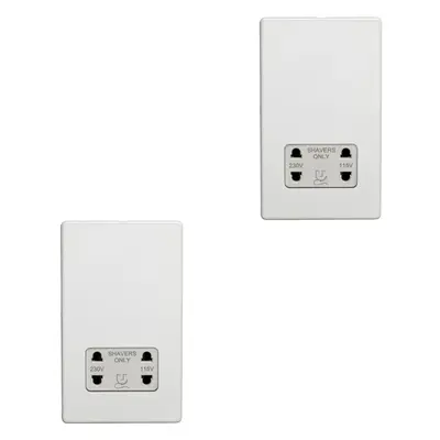 2 PACK 230V 115V Twin Shaver Socket Wall Plate SCREWLESS MATT WHITE Bathroom