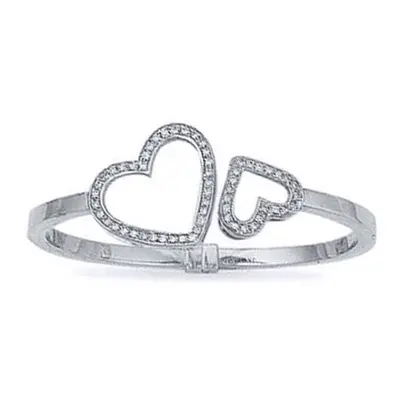 Jewelco London 9ct White Gold hinged & CZ set light weight Heart Ladies Bangle - JBG235