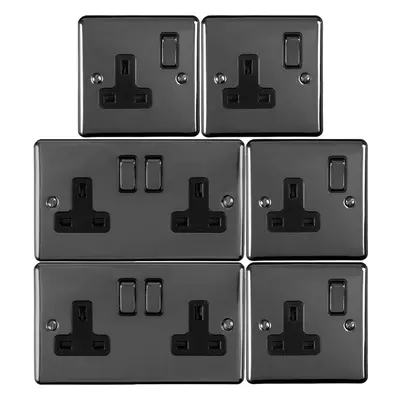 UK Plug Socket Pack -2x Twin & 4x Single Gang- BLACK NICKEL / Black 13A Switched