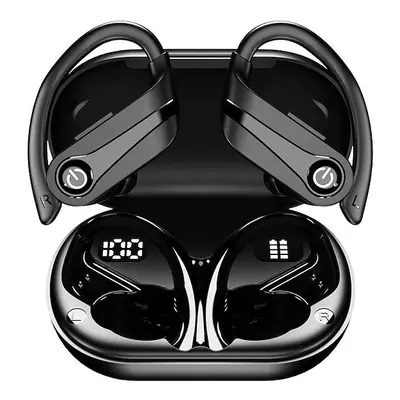 (Black) True Wireless Headphones TWS Earbuds Ear Hook Bluetooth 5.3 Smart Touch Control LED Powe