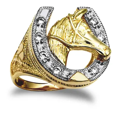 (V) Jewelco London Men's Solid 9ct Yellow Gold White Round Brilliant Cubic Zirconia Horse Head H