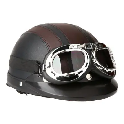 (Yellow) Motorcycle Scooter Open Face Half Leather Helmet with Visor UV Goggles Retro Vintage St