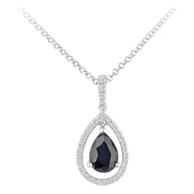 Jewelco London 18ct White Gold Round 10pts Diamond Pear 3/4ct Sapphire Teardrop Pendant Necklace