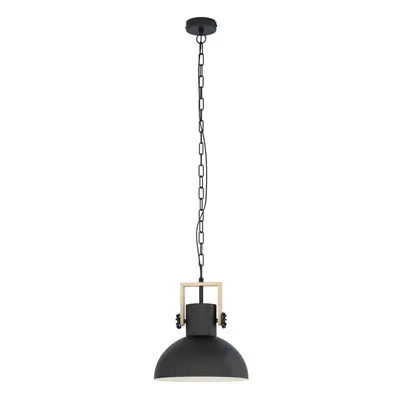 Hanging Ceiling Pendant Light Black & Wood Industrial Shade x 28W E27 Bulb