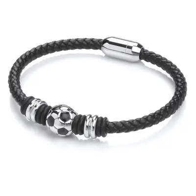 Jewelco London Mens Black Leather Stainless Steel Classic Panel Football Soccer Ball Strap Brace