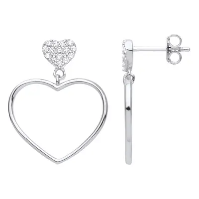 Jewelco London Ladies Rhodium Plated Sterling Silver CZ Open Love Heart Outline Cluster Drop Ear