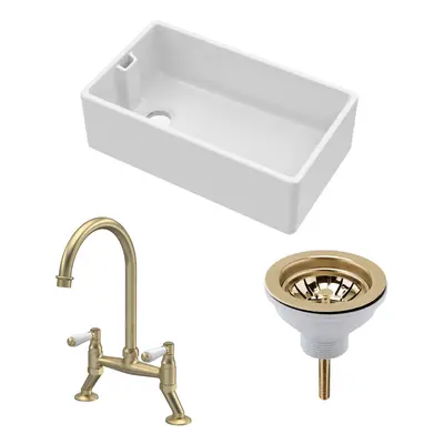 Fireclay Kitchen Bundle - Single Bowl Belfast Sink, Strainer Waste & Bridge Lever Tap, 795mm - B