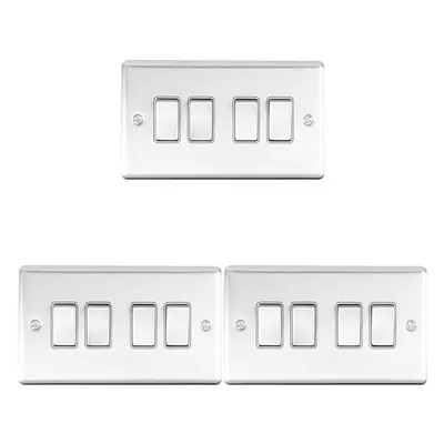 3 PACK Gang Quad Metal Light Switch SATIN STEEL Way 10A Grey Trim