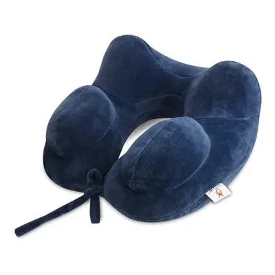 (Navy) Inflatable U Shape Cotton Neck Pillow Headrest Cushion Travel Airplane Sleep Rest