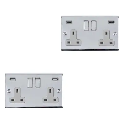 2 PACK Gang Double UK Plug Socket & 2.1A USB-A CHROME & GREY 13A Switched