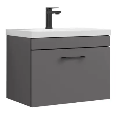 Rio Drawer Wall Hung Vanity Basin Unit - 600mm - Gloss Grey with Square Black D Handle (Tap Not 