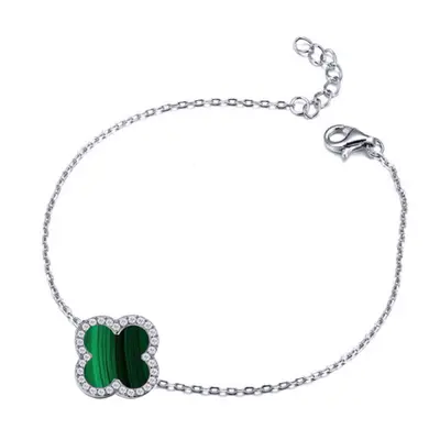 Jewelco London Silver Green Clover Malachite & CZ Halo Lucky Charm Chain Bracelet 7-8.5" - ABB24