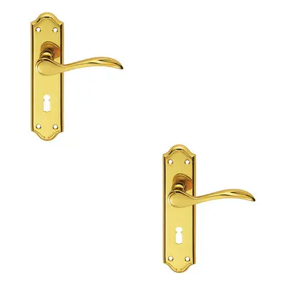 2x PAIR Curved Door Handle Lever on Lock Backplate x 45mm Polished Brass