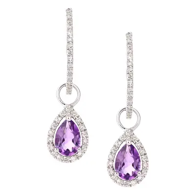 Jewelco London 9ct White Gold Round 20pts Diamond Pear 0.7ct Amethyst Teardrop Drop Earrings - D