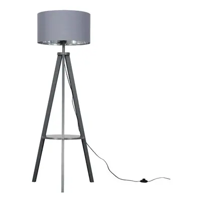 Modern Grey Wood Tripod Design Floor Lamp with Storage Shelf & Grey/Chrome Drum Shade - Complete