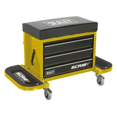 Mechanics Utility Seat & Toolbox - Folding Side Trays - Swivel Castors - Yellow