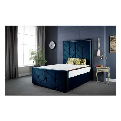 (4FT6 DOUBLE) Milly Chevron Luxury Blue Velvet Bed Frame