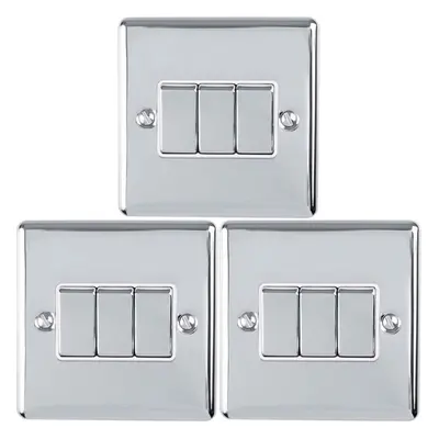 3 PACK Gang Triple Metal Light Switch SATIN STEEL Way 10A Grey Trim