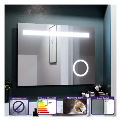 Modern Rectangle LED 800mm x 600mm Round Corner Bathroom Mirror Demister