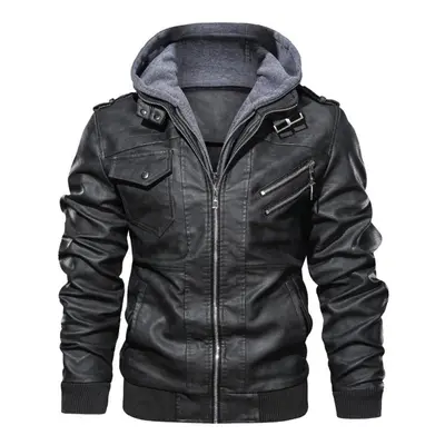 (XL, black) Men's Winter Hooded Leather Jacket Motorcycle Leather Jacket