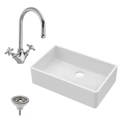 795mm - Fireclay Single Bowl Butler Kitchen Sink - Mono Sink Mixer Tap & Waste