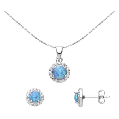 Jewelco London Ladies Sterling Silver Blue Opal Halo Earrings Necklace Set - GSET606