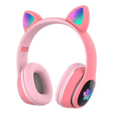 (Pink) Over Ear Music Wireless Headset Glowing Cat Headphones Color Breathing Lights