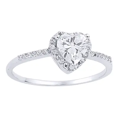 (M) Jewelco London Ladies Rhodium Plated Sterling Silver Heart Cubic Zirconia Halo Engagement Ri