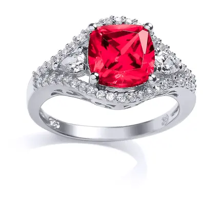 (O) Jewelco London Ladies Rhodium Plated Sterling Silver Red Cushion Cubic Zirconia Halo Engagem