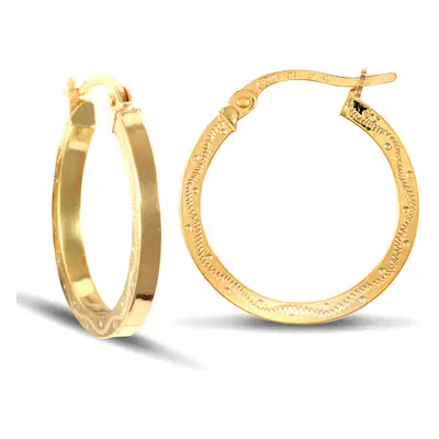 Jewelco London Ladies 9ct Yellow Gold Floral Engraved 2mm Hoop Earrings 18mm - JER144