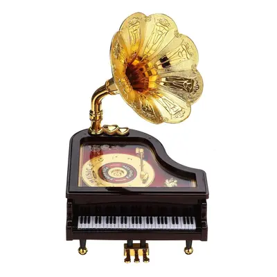 (Black) Vintage Retro Piano Phonograph Gold Trumpet Horn Music Box Home Decorations