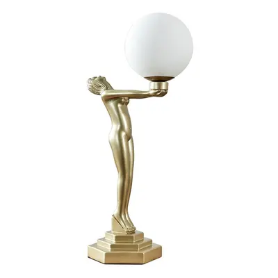 Matt Gold Art Deco Female Holding Light Table Lamp with a White Opal Glass Globe Shade - Complet