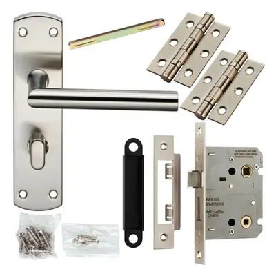 Door Handle & Bathroom Lock Pack Satin Nickel Modern Mitred Round Bar Backplate