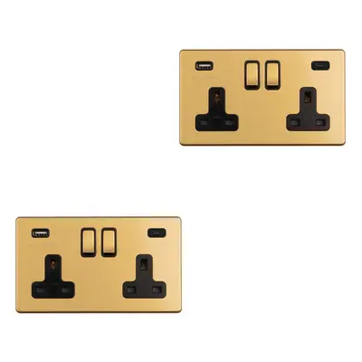 2 PACK Gang Double 13A UK Plug Socket & 2x 3.1A USB-C SCREWLESS SATIN BRASS