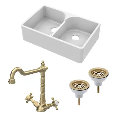 Fireclay Kitchen Bundle - Double Bowl Stepped Weir Butler Sink, Wastes & French Classic Tap, 795