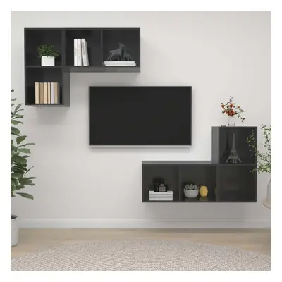 vidaXL 4x Wall Mounted TV Cabinets High Gloss Grey Chipboard Stand Living Room