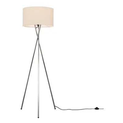 Modern Polished Chrome Metal Tripod Floor Lamp with a Beige Cylinder Shade - Complete with a 6w 