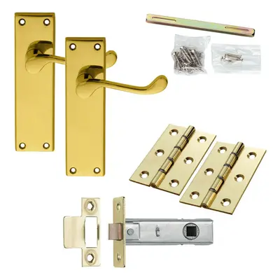 Door Handle & Latch Pack Brass Victorian Scroll Curved Lever Tall Backplate