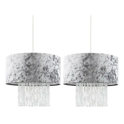 Pair of - Modern Silver Grey Velvet Cylinder Ceiling Pendant Light Shades with Clear Acrylic Dro