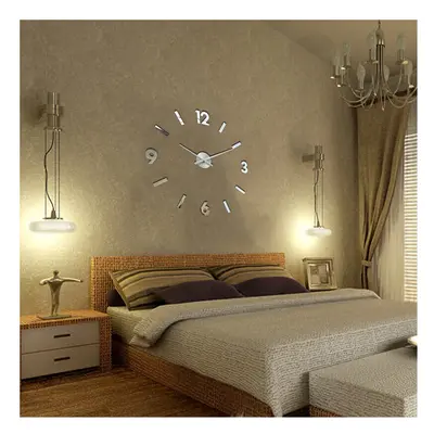 (Silver) 3D Wall Clock Modern Large Home Decor Sticker Frameless Black Mirror