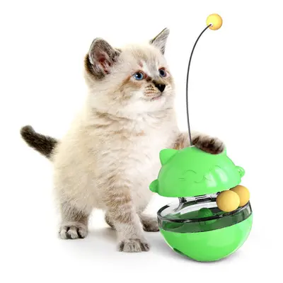 (Green) 3-In-1 Interactive Cat Leaking Food Ball with Teasing Wand Pet Slow Food