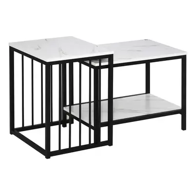 HOMCOM Modern Coffee Table Set of Two w/ Steel Frame Marble-Effect White