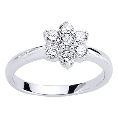 (O) Jewelco London Ladies Rhodium Plated Sterling Silver Cubic Zirconia Flower Cluster Engagemen