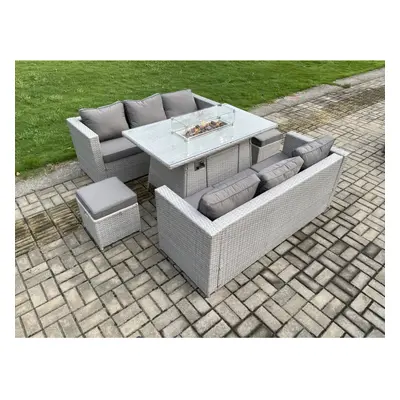 Fimous Garden Dining Sets Outdoor PE Rattan Furniture Gas Fire Pit Dining Table Gas Heater with 