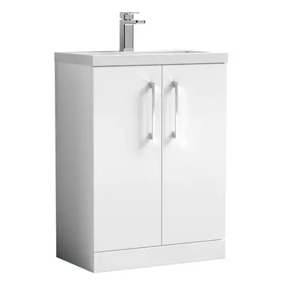 Compact Floor Standing Door Vanity Basin Unit with Polymarble Basin - 600mm - Gloss White