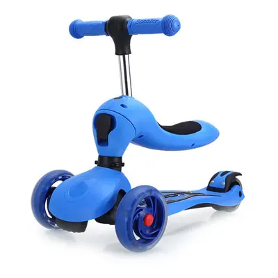 (Dark Blue) Children's Scooter With Four Wheel Sitting Two In One Baby Foldable Colorful